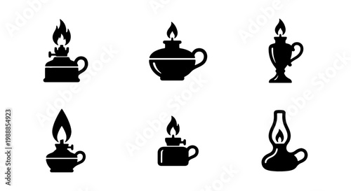 Vintage oil lamp icons, 6 antique kerosene lantern vectors, black silhouette lamp set