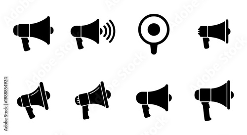 Megaphone icon set, black bullhorn silhouettes, 8 marketing speaker vector elements
