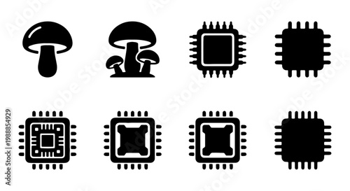 Minimalist microchip and mushroom icons, 8 black vector symbols, tech and nature set