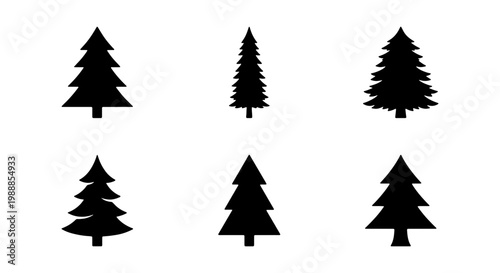 Pine tree silhouette set, 6 evergreen conifer icons, black forest fir vector elements