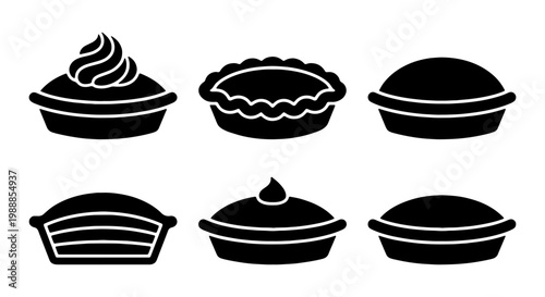 Minimalist pie icon set, black silhouette bakery dessert vector, 6 sweet pastry symbols