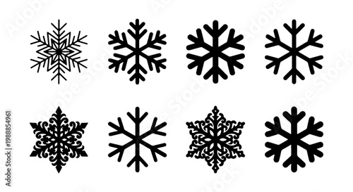 Snowflake icons set, winter snow crystal vectors, 8 black frozen ice silhouettes