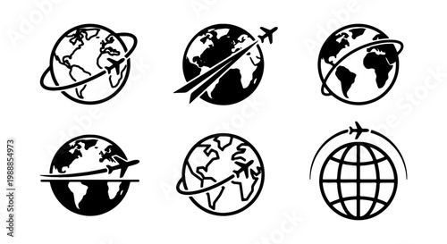 Global travel icons set, 6 airplane earth globe vectors, world flight route symbols
