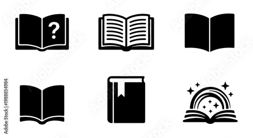 Minimalist book icon set, black open book vector symbols, 6 education icons for web