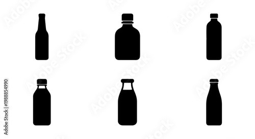 Minimalist bottle silhouette set, 6 black glass container icons, beverage packaging vector