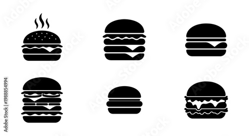 Burger icon set, 6 black fast food hamburger silhouettes, minimalist restaurant vector