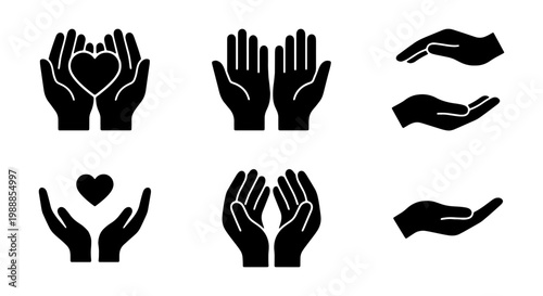 Charity hands icon set, 6 black heart and hand vector symbols, care and support signs