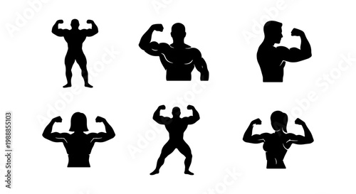 Bodybuilder silhouette set, muscular fitness athlete icons, 6 gym workout vector poses