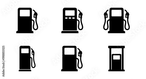 Gas station icon set, fuel pump vector symbols, 6 black petrol station signs for maps