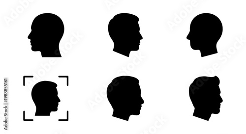 Male head profile silhouettes, 6 human face side view icons, facial recognition vector
