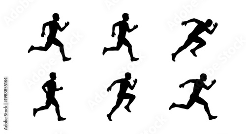 Running man silhouettes set, male athlete sprinting icons, 6 jogging vector elements