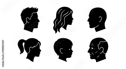 Human profile silhouette set, 6 diverse people head icons, black avatar vector collection