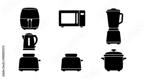 Kitchen appliance icon set, black silhouette household electronics, 7 vector elements