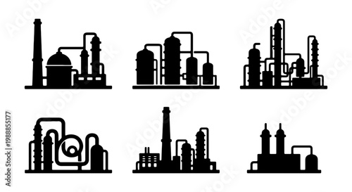Industrial factory silhouette icons, oil refinery plant set, 6 chemical factory vectors