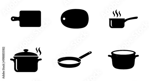 Kitchenware icon set, black cooking pot and pan silhouettes, 6 kitchen vector elements