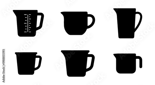 Measuring cup silhouette icons, kitchen pitcher vector set, 6 black cooking jug symbols