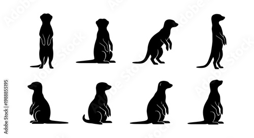 Meerkat silhouette collection, 8 suricate animal icons, standing desert wildlife vectors