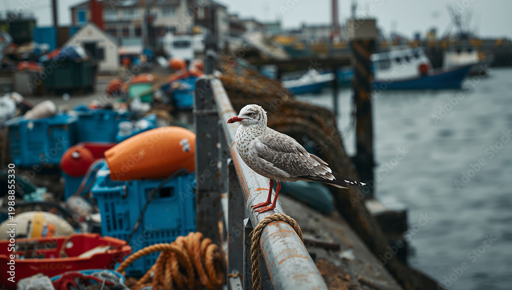 Fototapeta premium 漁港の柵にとまる海鳥と漁業ごみを写した海辺の記録写真