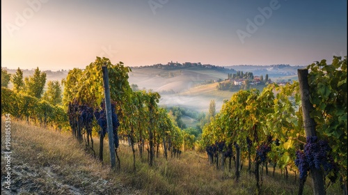 nebbiolo. Nebbiolo vineyard on Piedmont hills at sunrise with morning mist over grapes. menu design, packaging mockups, designed for culinary blogs and recipe cards for restaurants.
