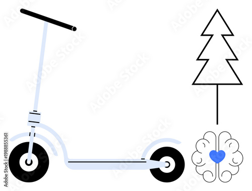 Eco awareness, sustainable transport, green energy, mental balance, mindfulness, nature care. A scooter, stylized brain with a heart and tree outline. Sustainable transport and eco awareness