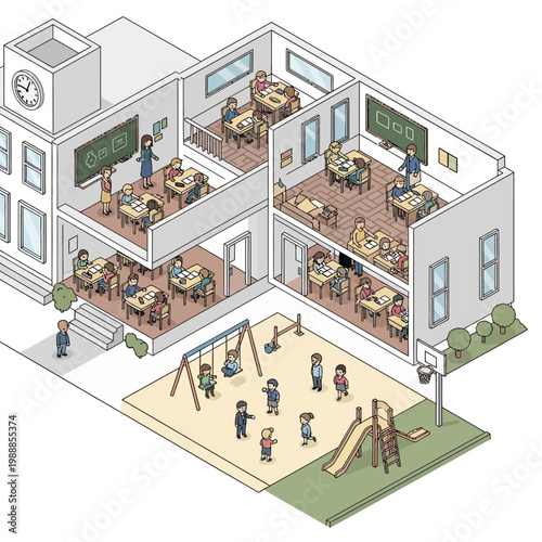 Students in school playground and classrooms.