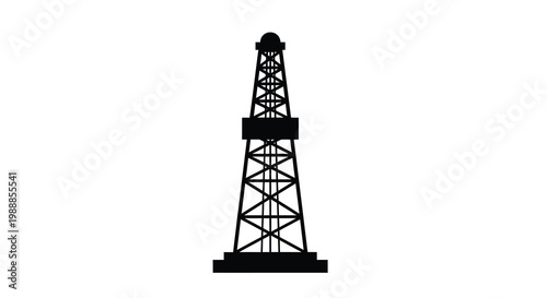 A stark black silhouette depicting an oil derrick or drilling rig against a white background