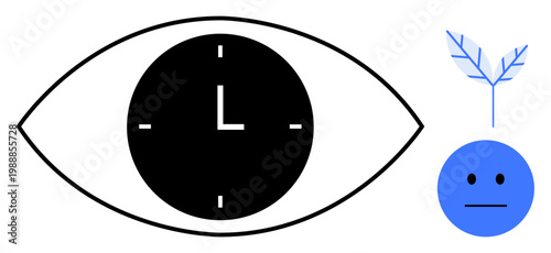 Time management, mindfulness, eco-consciousness, emotional awareness, observation, modern graphic art. Eye with clock illustration and a blue face with a leaf design. Time management and mindfulness