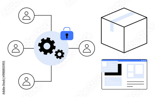 Data security, workflow systems, logistics management, collaborative tools, e-commerce processes, software development. Gears, lock icon user icons package and interface design. Data security