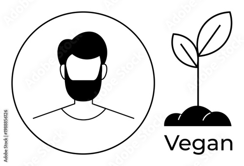 Veganism, healthy lifestyle, sustainability, ethical living, plant-based diet, environmental awareness. Line art of a bearded man and a growing plant. Veganism and healthy lifestyle concept