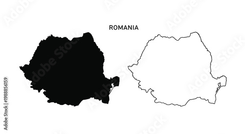 Two depictions of Romania s outline a solid black shape and a white line drawing