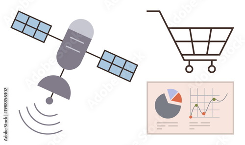 Technology, e-commerce, global connectivity, data analytics, business growth, market analysis. Satellite, shopping cart and analytics graph. Technology and e-commerce concept