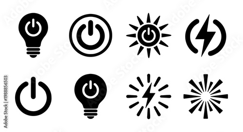 Energy power icons set, black light bulb and switch symbols, 8 vector electric elements