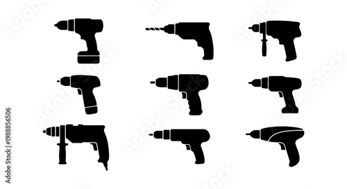 Electric drill silhouette set, 9 power tool icons, cordless screwdriver vector collection