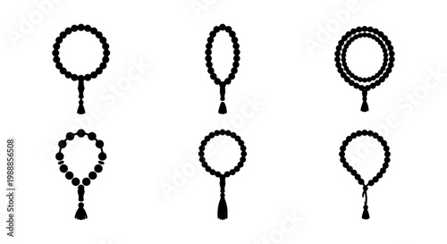 Islamic prayer beads icon set, 6 tasbih vector elements, religious rosary silhouettes
