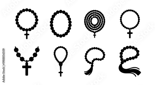 Religious rosary bead icons, catholic prayer cross silhouettes, 8 vector elements set