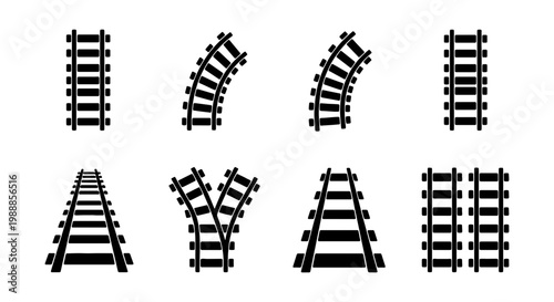 Railway track icons set, railroad train path symbols, 8 black vector line elements
