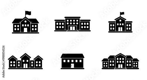 School building icon set, black educational facility vectors, 6 academic campus symbols