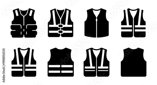 Safety vest icon set, construction high visibility jacket vector, 8 workwear symbols