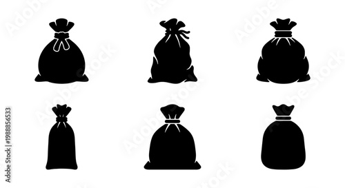Black sack silhouette icons, 6 cloth bag vector elements, money and grain pouch set