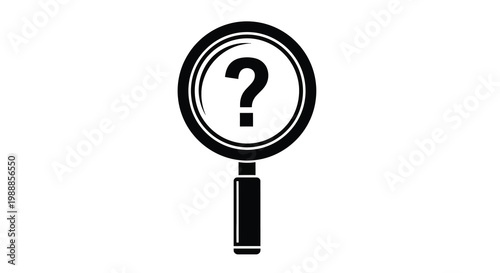 A black and white icon depicts a magnifying glass focusing on a centered question mark