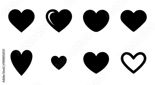 Minimalist black heart icons set, 8 romantic vector symbols, flat love shapes for UI