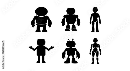 Robot silhouette collection, 6 futuristic android icons, black cyborg vector set