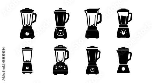 Kitchen blender icon set, 8 electric mixer vector symbols, black appliance silhouettes
