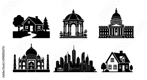 Black building icons set, architecture silhouette vector, city landmark and house signs