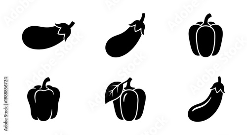 Minimalist vegetable icons set, black eggplant and bell pepper vector, 6 organic food signs