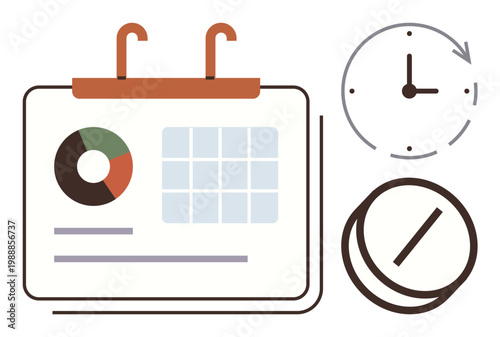Time management, scheduling, productivity, planning, workflow organization, deadlines. Minimalist elements including a calendar, clock and graph. Time management and scheduling concept
