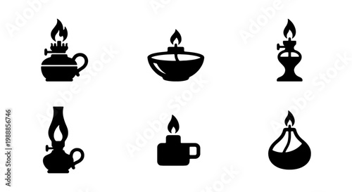 Vintage oil lamp icons, antique kerosene lantern set, 6 black vector light symbols