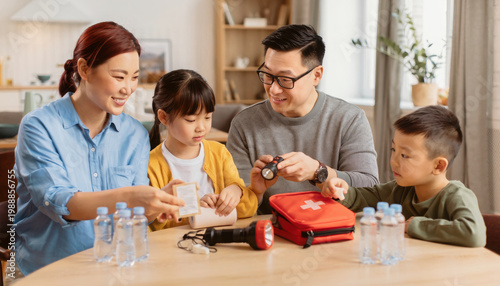 Organizing emergency preparedness kit family checking supplies flashlight water bottles first aid kit children learning safety awareness family