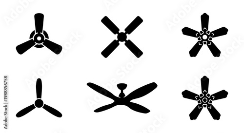 Ceiling fan silhouette icons, 6 black electric fan vectors, cooling appliance symbols