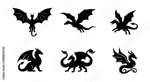Mythical dragon silhouettes, 6 fantasy creature icons, black flying dragon vector set